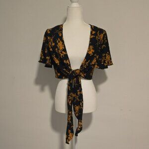 SHEIN Black and Mustard Floral Tie-Front Blouse